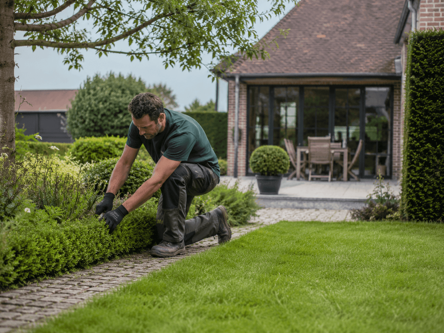 Sfeerbeeld van een tuinman in een Vlaamse tuin
