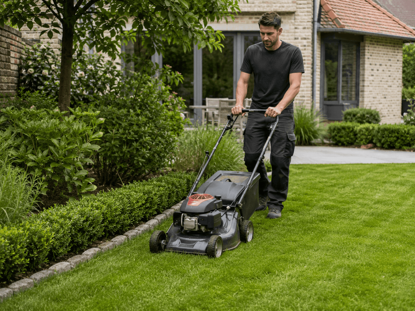 Tuinman maait een gazon in een tuin