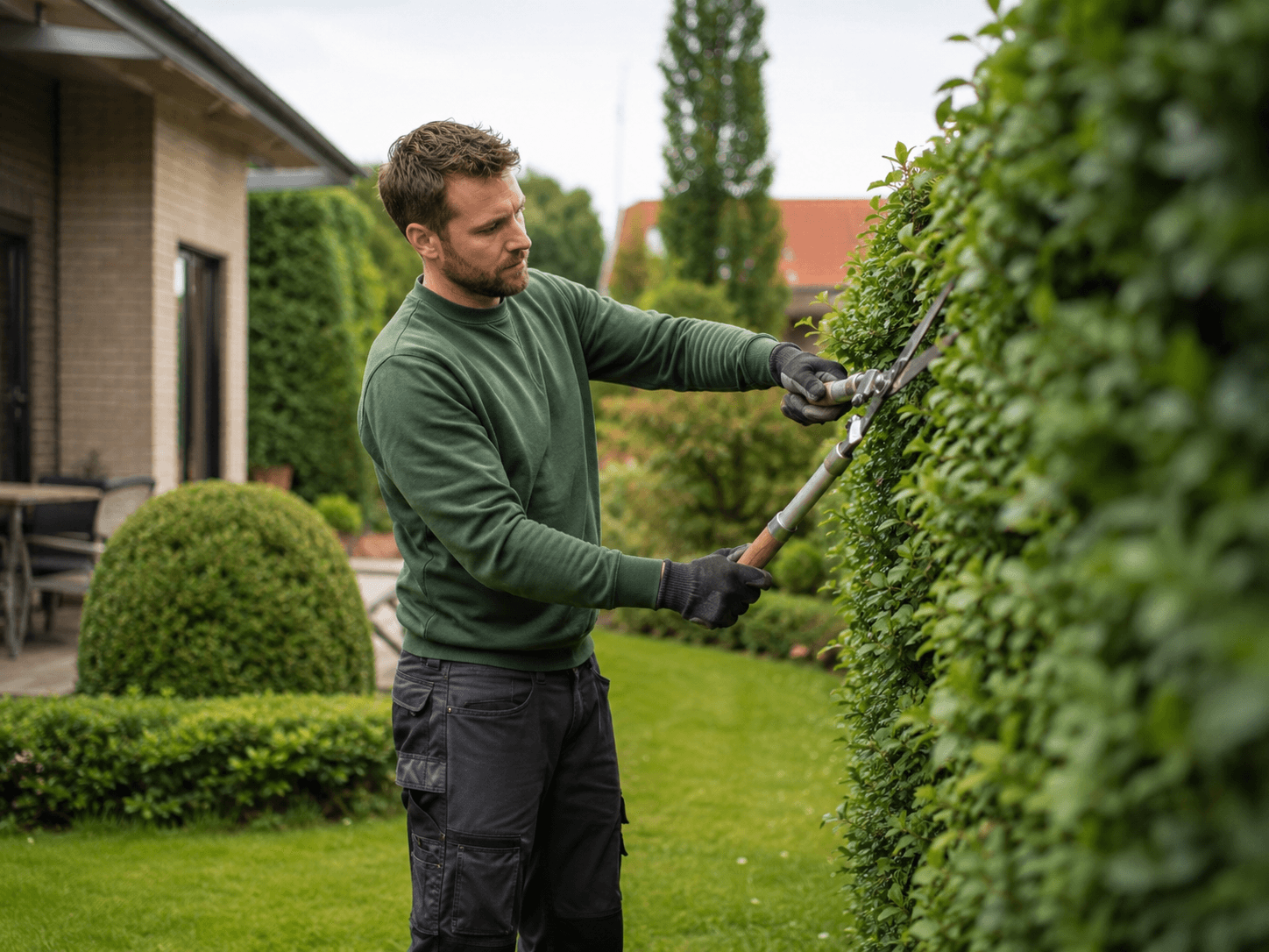 Tuinman snoeit een haag in een verzorgde tuin