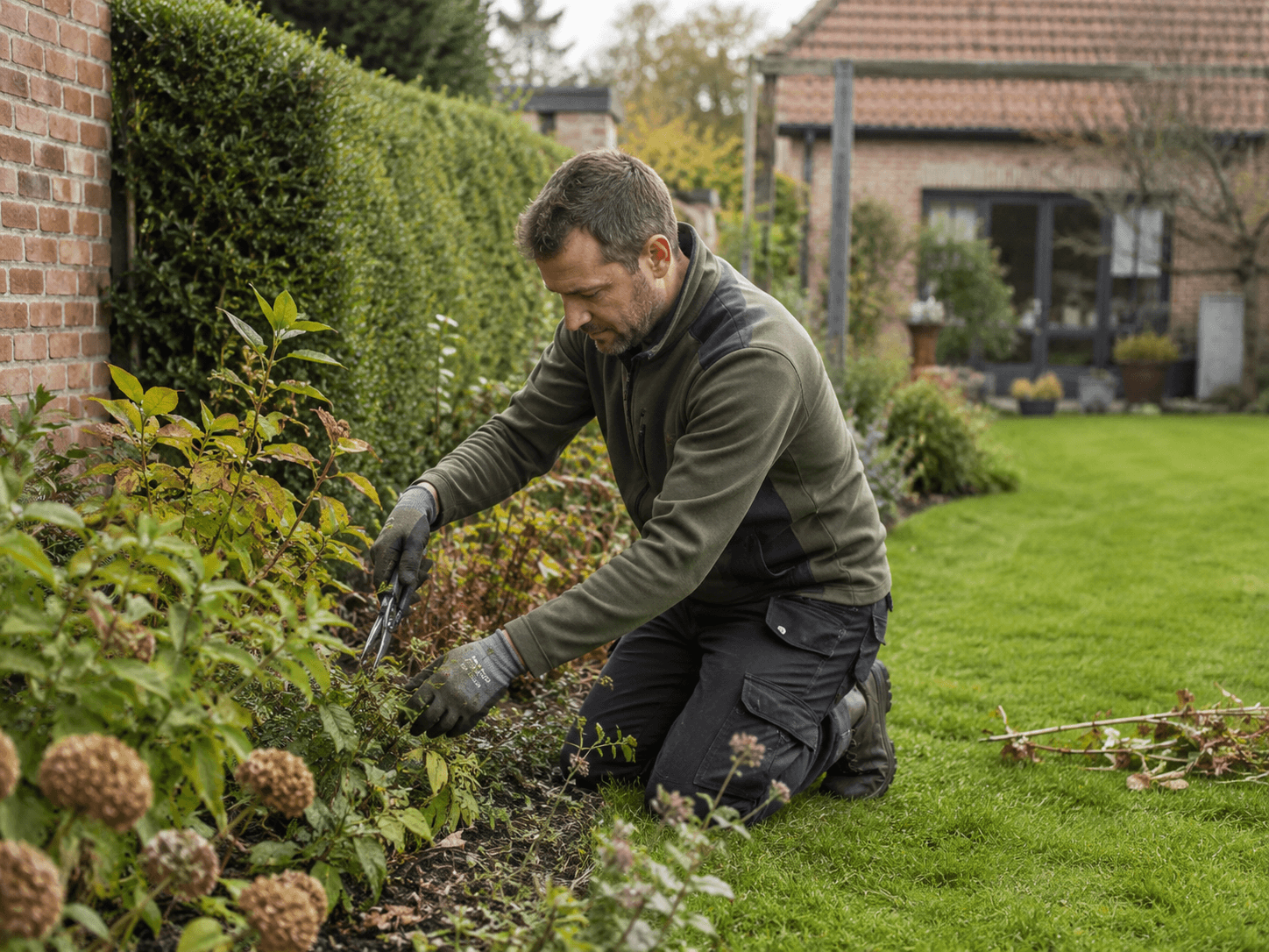 Tuinman voert tuinonderhoud uit in een Vlaamse tuin